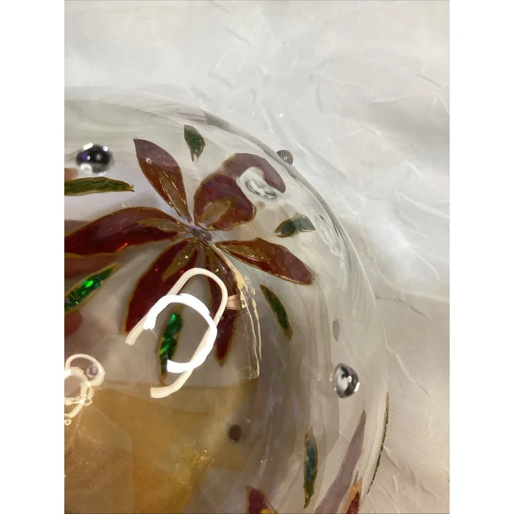 Hand-Blow & Painted Poinsettia  Art Glass Christmas Ornament Set Glitter & Gold